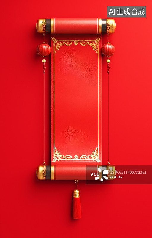 【AI数字艺术】红色中国风喜庆卷轴插画图片素材