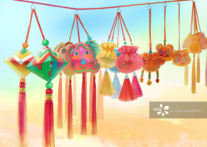 插画很多香包挂在绳子上被售卖图片素材