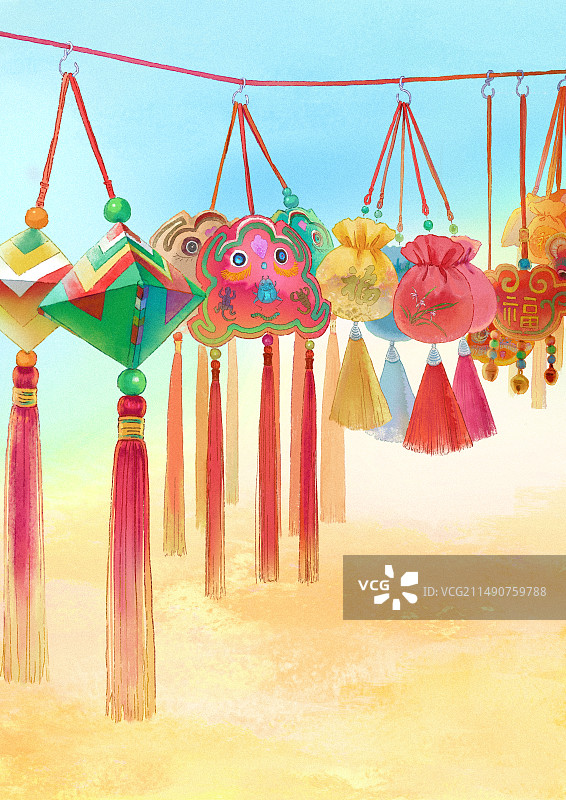 插画很多香包挂在绳子上被售卖 竖版图片素材