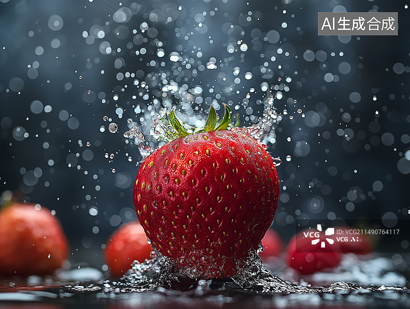 【AI数字艺术】黑色背景上水果草莓溅起水花图片素材
