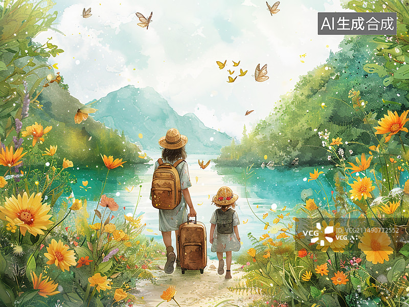 【AI数字艺术】父母牵着小孩去旅游，有山有水的度假村。插图图片素材