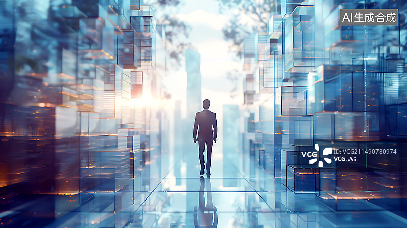 【AI数字艺术】一个商务人士站在城市上方俯看景色图片素材