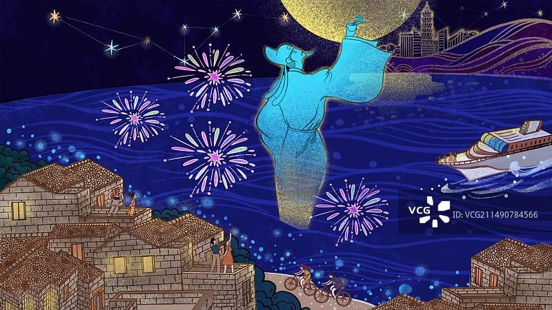 李白举着酒杯在明月下忆乡愁图片素材