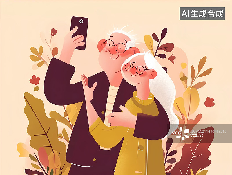 【AI数字艺术】老爷爷和老奶奶退休温馨自拍秋天登高重阳节图片素材
