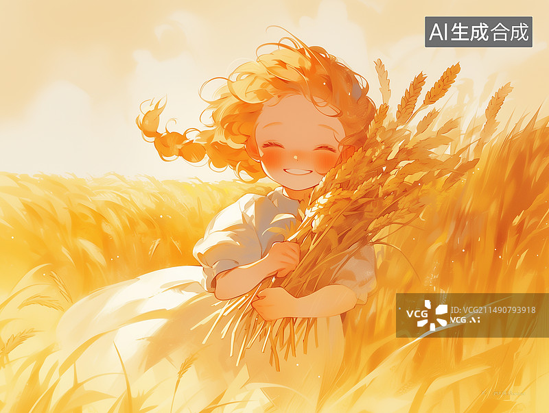 【AI数字艺术】可爱的小女孩在麦田里收割谷物图片素材