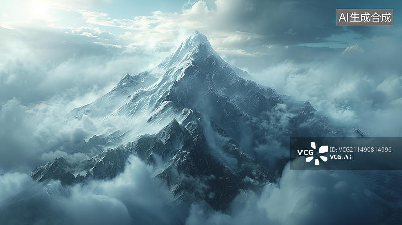 【AI数字艺术】壮丽的雪山山峰从云中升起图片素材