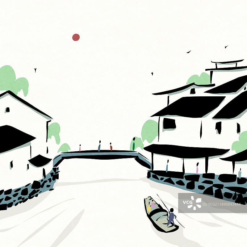 版画江南水乡渔村春夏风景写生抽象插画图片素材