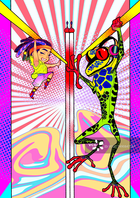 小孩与耳机青蛙交朋友运动潮流波普风创意插画图片素材