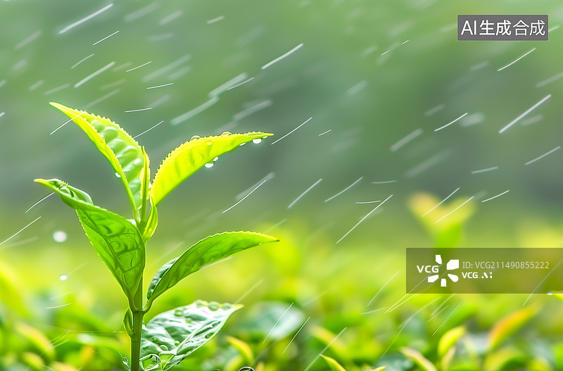 【AI数字艺术】生长在大雨中的年轻新鲜植物。象征着新生活的斗争图片素材