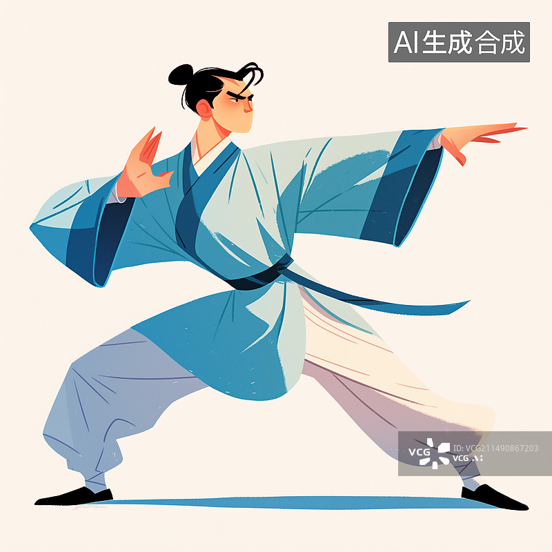 【AI数字艺术】插图，插画，模板，海报，元素，中国功夫，漫画，卡通，平面设计，扁平风，武术，体育，健身，中国传统，图片素材