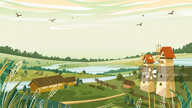 春天绿色农场天空春日风车田园河流燕子手绘插画图片素材