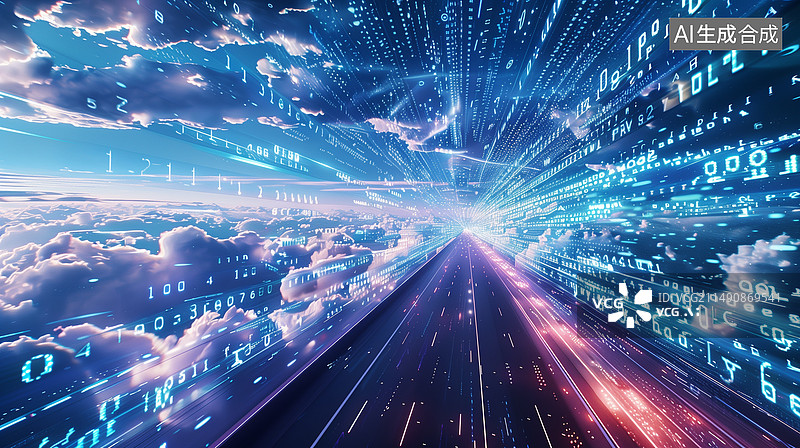 【AI数字艺术】插图，插画，海报，模板，元素，科技，未来，路，科技之路，蓝色，数据，网络，光，粒子，摄影效果，蓝色，图片素材