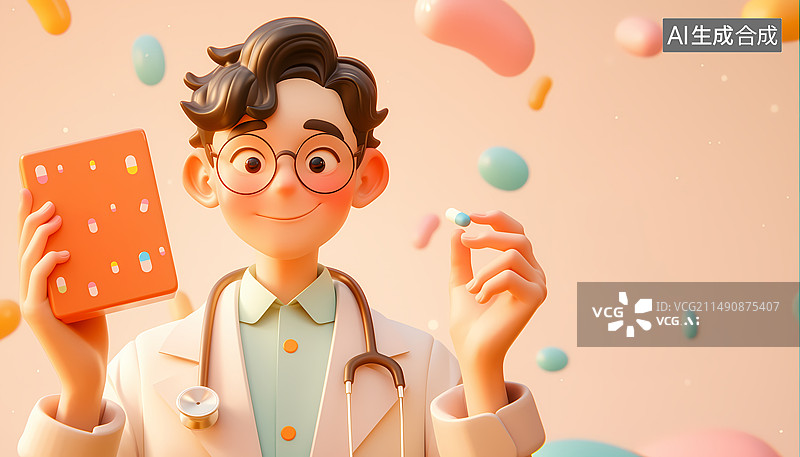 【AI数字艺术】一位男医生脖子挂着听诊器拿着书本胶囊医疗健康3D插画图片素材