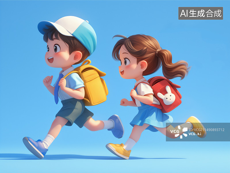 【AI数字艺术】背着书包去上学的男孩和女孩儿童节开学季暑假寒假插画图片素材