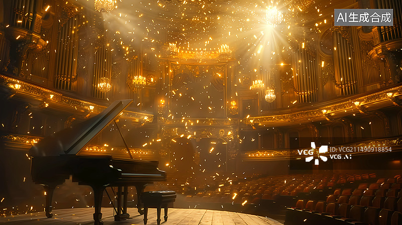 【AI数字艺术】金色大厅的钢琴与跳动的音符图片素材