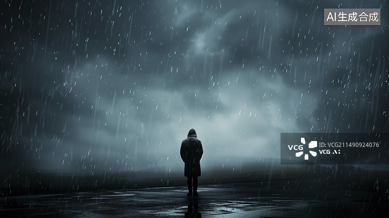 【AI数字艺术】一个处在逆境中下着暴雨孤单的人背影图片素材