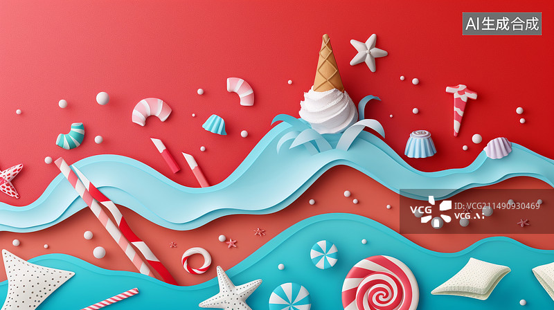【AI数字艺术】夏天海滩冰淇淋插画图片素材