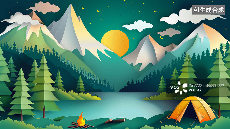 【AI数字艺术】露营剪纸插画背景图片素材