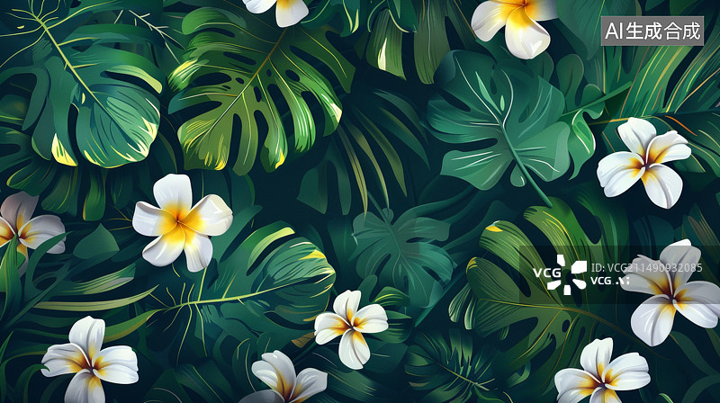 【AI数字艺术】热带雨林植物插画背景图片素材