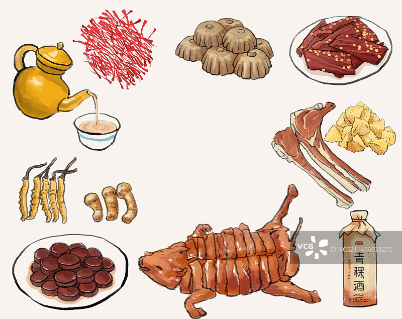 水墨风藏菜西藏美食插画图片素材