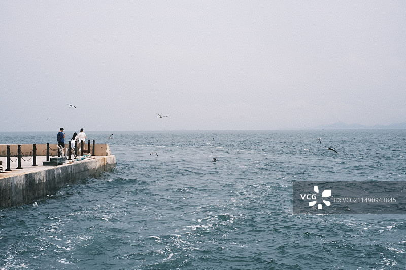 人们在海边的码头上对着天空图片素材