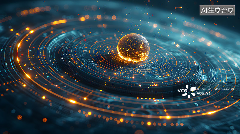 【AI数字艺术】全息宇宙空间里的太阳系环绕的星云球体星球和环绕的抽象发光粒子图片素材