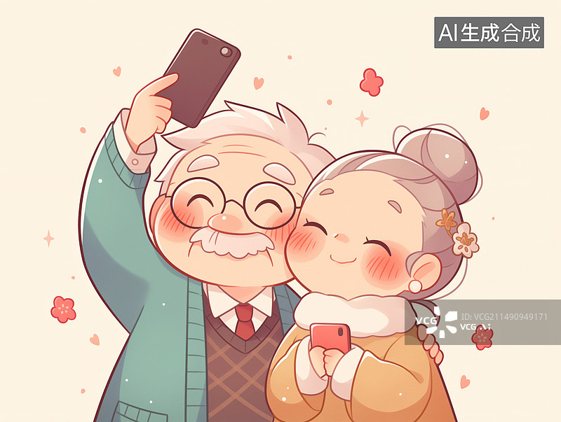【AI数字艺术】可爱的老年夫妇在使用手机图片素材