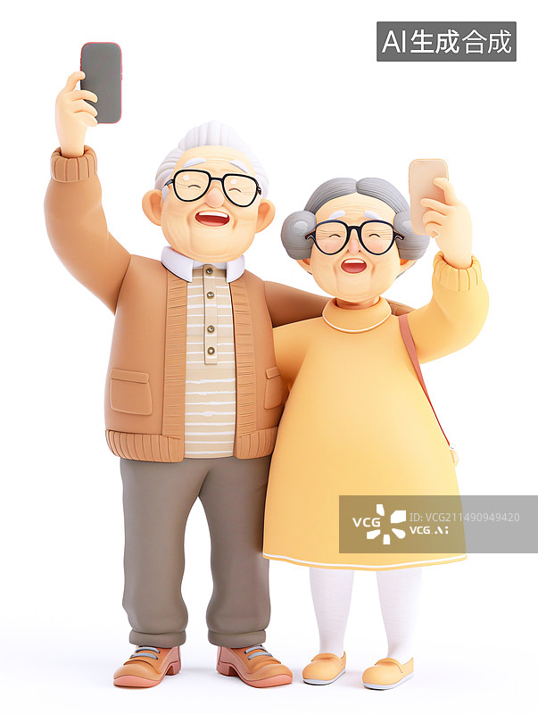【AI数字艺术】老爷爷和老奶奶拿着手机自拍3D插画图片素材