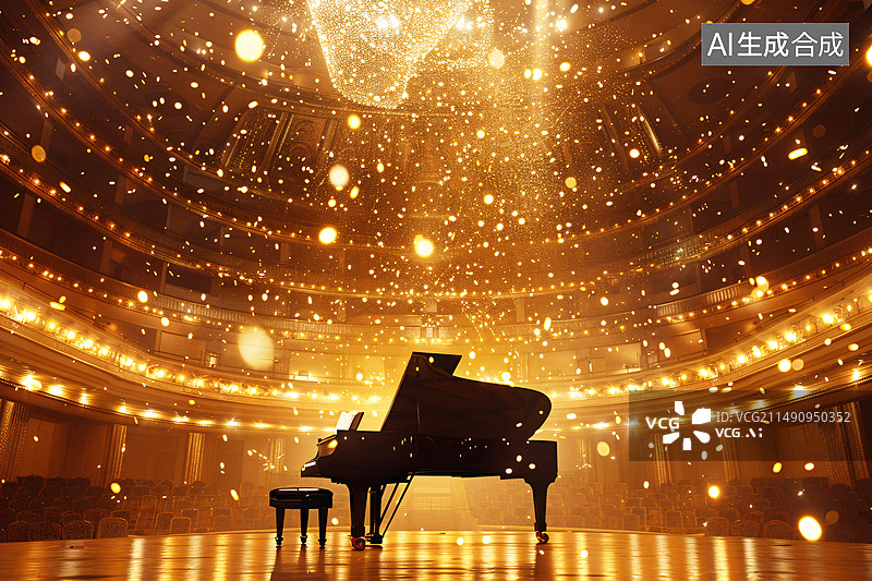 【AI数字艺术】金色大厅中央摆放一架钢琴金色粒子飞舞图片素材