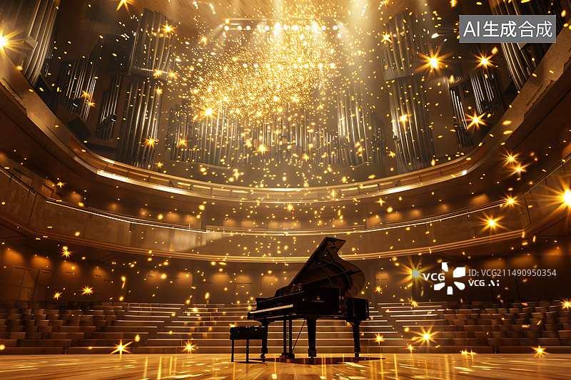 【AI数字艺术】金色大厅中央摆放一架钢琴金色粒子飞舞图片素材