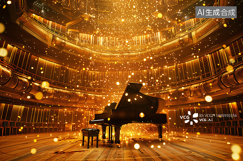 【AI数字艺术】金色大厅中央摆放一架钢琴金色粒子飞舞图片素材