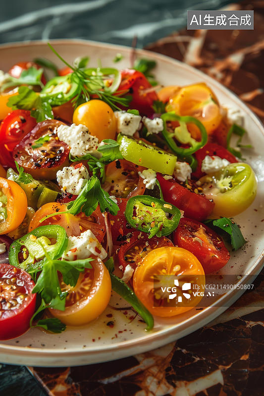 【AI数字艺术】五彩缤纷的番茄沙拉配以羊奶酪欧芹和辣椒图片素材
