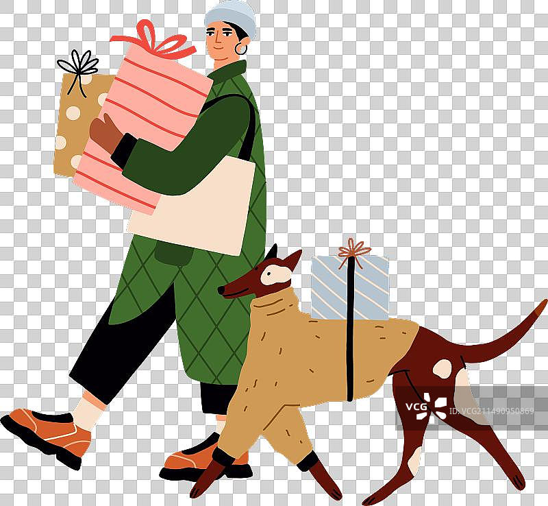 女人和小狗携带圣诞礼物图片素材