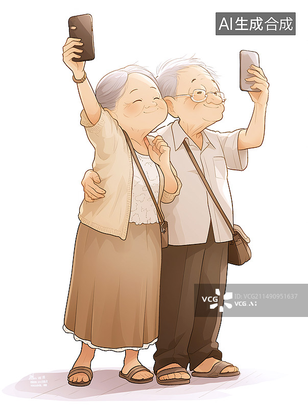 【AI数字艺术】拿着手机自拍的老爷爷和老奶奶插画图片素材