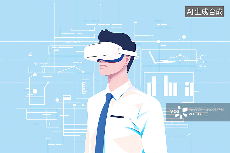 【AI数字艺术】白衬衫打领带的男人带着VR眼镜被数据包围扁平插画风格图片素材