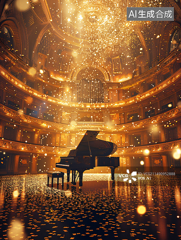 【AI数字艺术】金色大厅中央摆放一架钢琴金色粒子飞舞图片素材