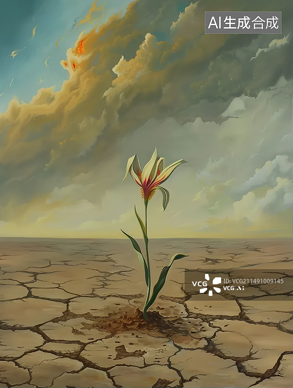【AI数字艺术】干枯土地上生长的花朵植物绽放美丽坚强图片素材