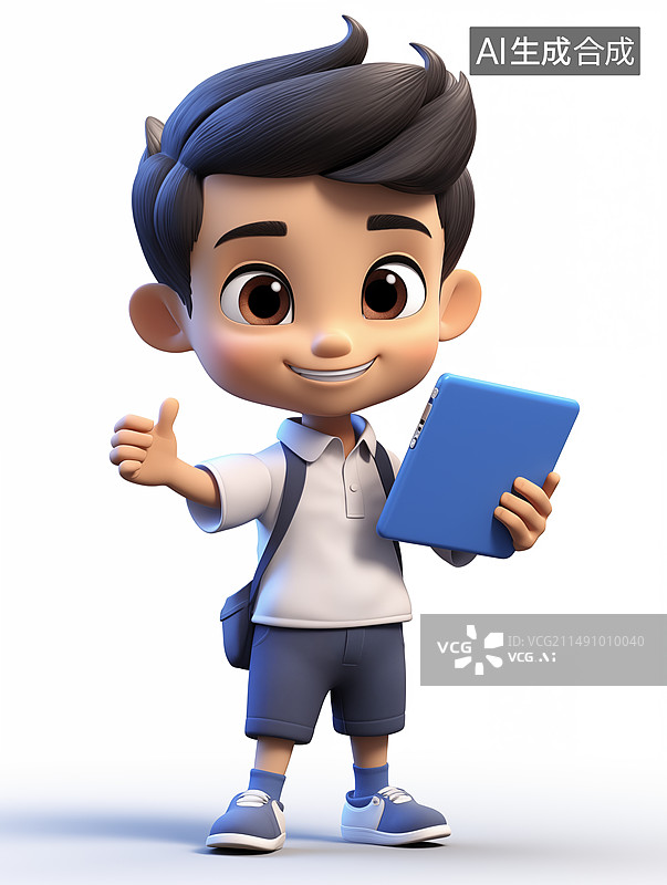 【AI数字艺术】一个亚洲男孩手拿平板电脑插画素材图片素材