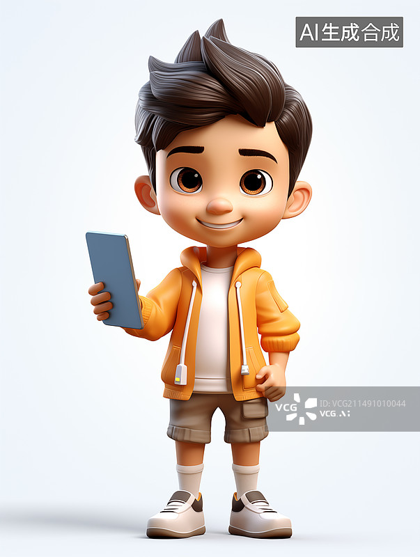 【AI数字艺术】一个亚洲男孩手拿平板电脑插画素材图片素材