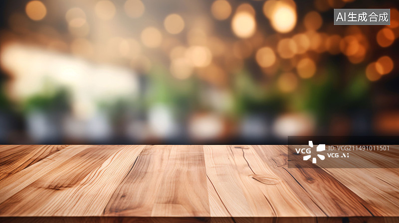【AI数字艺术】背景模糊的木板空桌面，用于产品展示或视觉构图排版图片素材