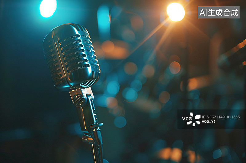 【AI数字艺术】明亮灯光下舞台上的麦克风，专业演讲采访唱歌媒体概念插图图片素材