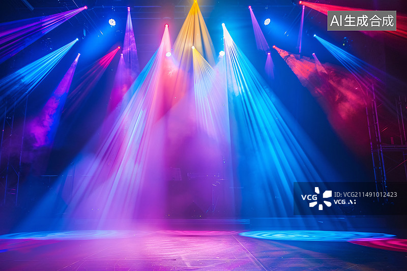 【AI数字艺术】室内大型舞台的灯光效果，舞台灯光光束图片素材