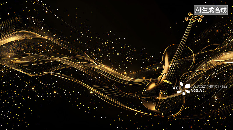 【AI数字艺术】金色小提琴简笔画黑色背景图片素材