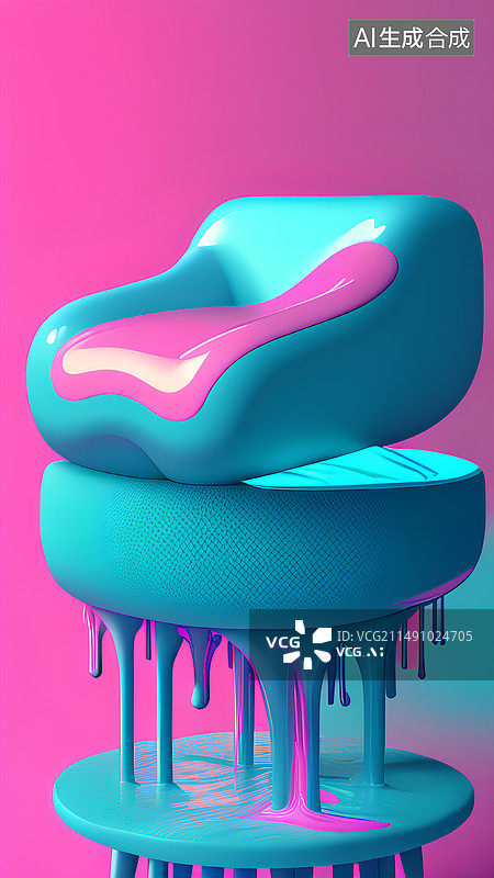 【AI数字艺术】蓝粉色渐变流体凳，3D渲染图片素材