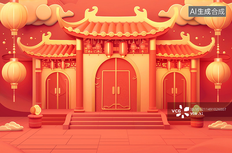 【AI数字艺术】中国古代建筑和楼宇小场景建模插画图片素材