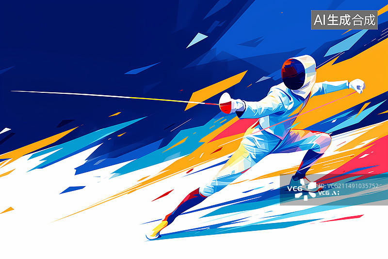 【AI数字艺术】奥运会一个男运动员在击剑蓝色炫彩插画图片素材