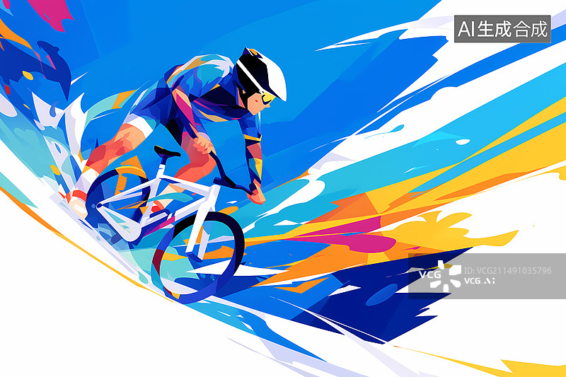 【AI数字艺术】奥运会一个男运动员在骑自行车蓝色炫彩插画图片素材