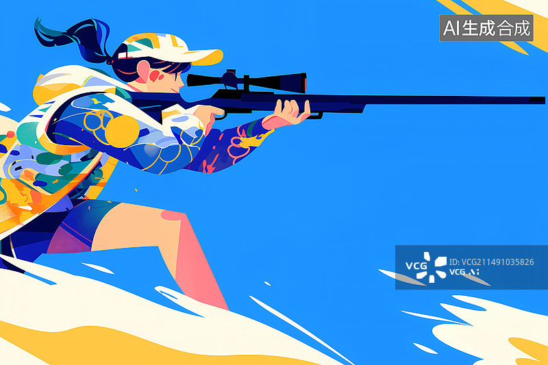 【AI数字艺术】奥运会一个女运动员在射击比赛蓝色炫彩插画图片素材