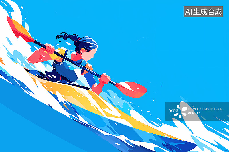 【AI数字艺术】奥运会一个女运动员在皮划艇比赛蓝色炫彩插画图片素材