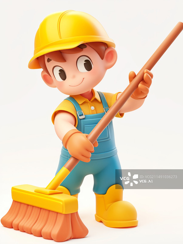 【AI数字艺术】明亮有趣可爱的3D环卫工人拿着扫把，以粘土材质风格3d立体人物插画庆祝五一劳动节卫生日图片素材